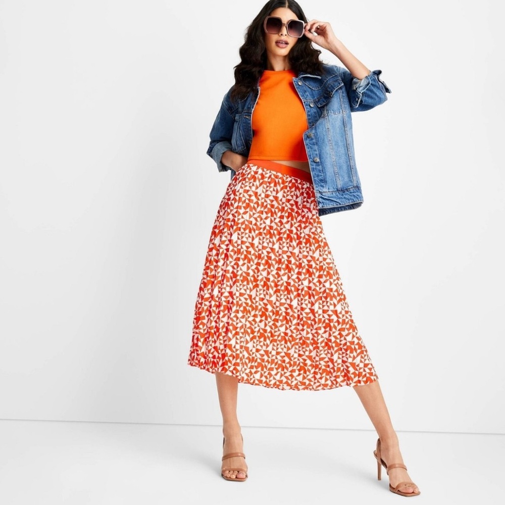 🍒FUTURE COLLECTIVE PLUS SIZE ORANGE AND WHITE PLEATED MIDI SKIRT SIZE 16🍒
